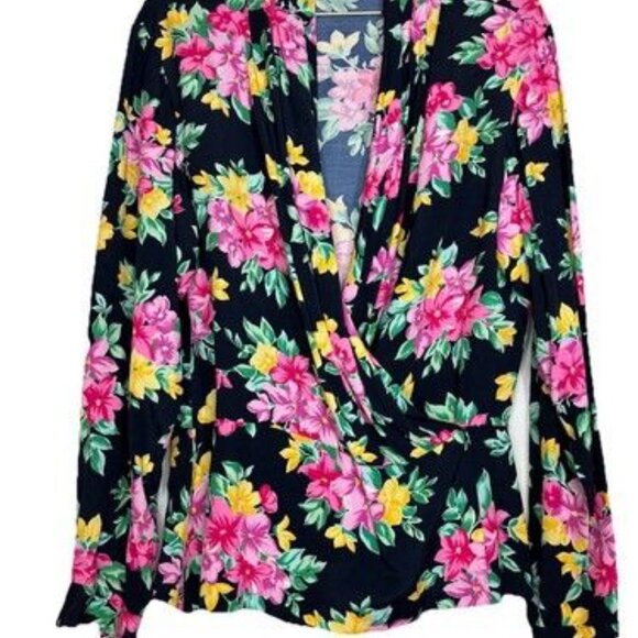 Vintage Evan Picone Size 12 Woman's Floral Wrap Snap Peplum Long Sleeve Blouse - Picture 2 of 10